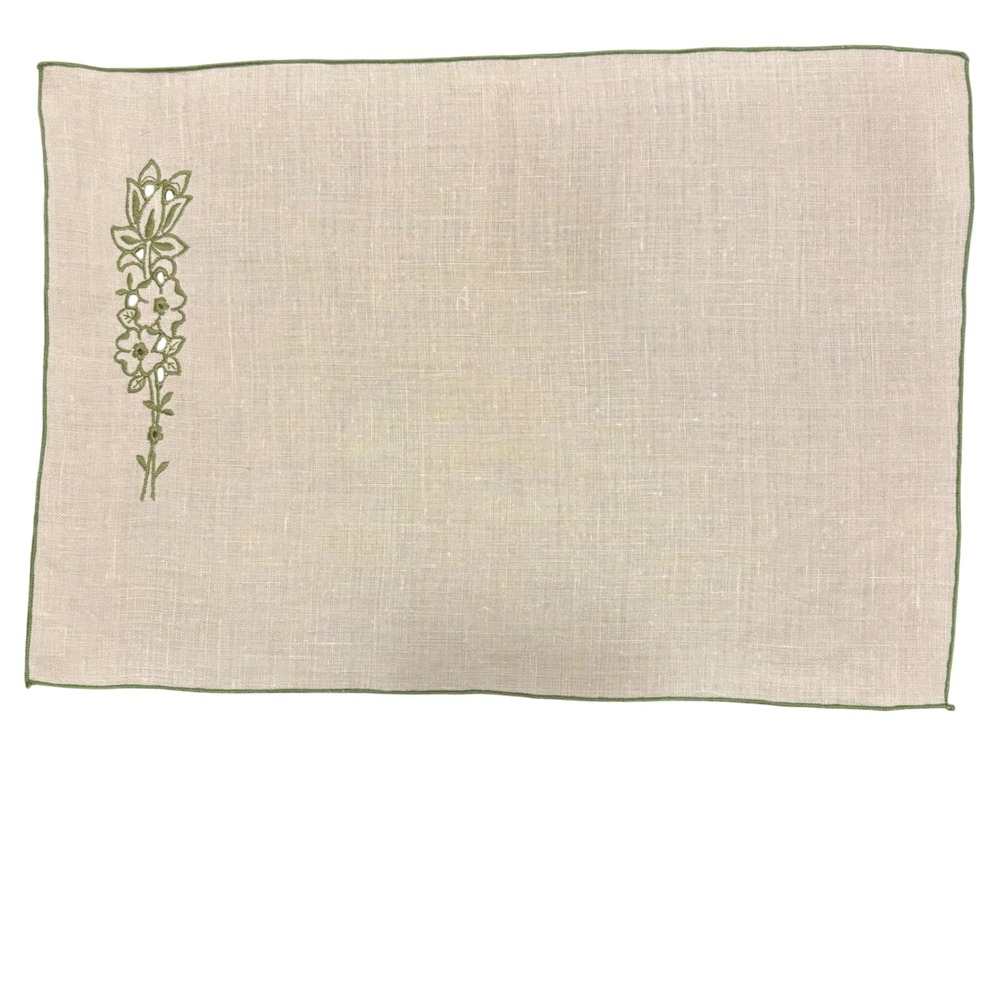 Vintage Beige Green Floral Embroidered Linen Placemat